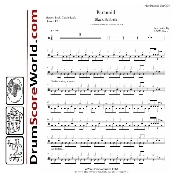 Black Sabbath - Paranoid - Drum Sheet + Play-Along Track